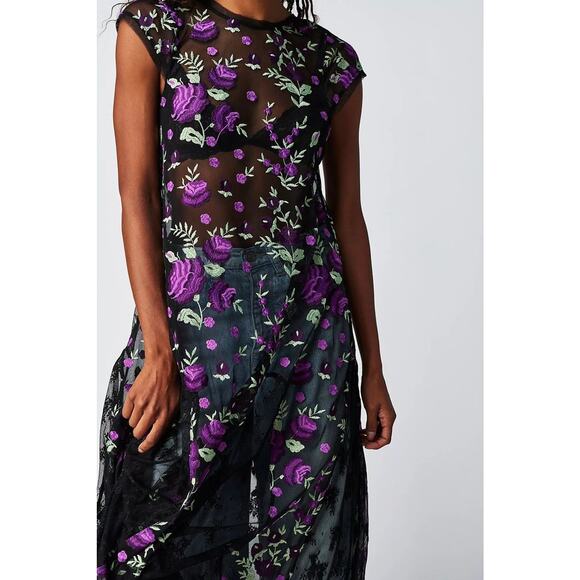 New Free People Sky Bright Floral Midi Dress $228 MEDIUM Black/Purple Sheer Mesh - Picture 5 of 7